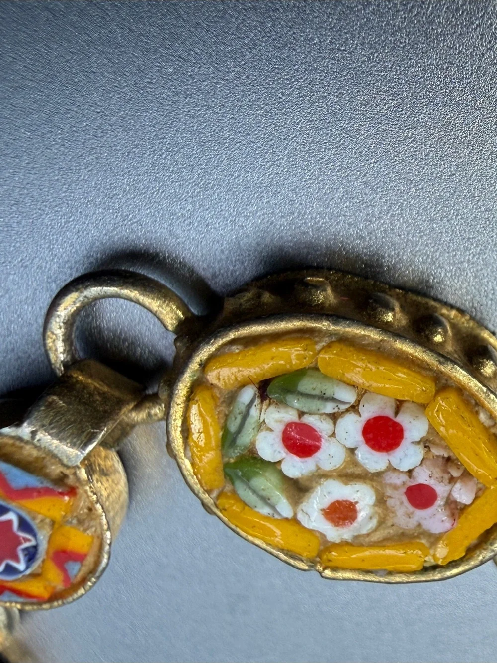 Vintage Italian Micro Mosaic Floral Link Bracelet – Yellow Millefiori Brass